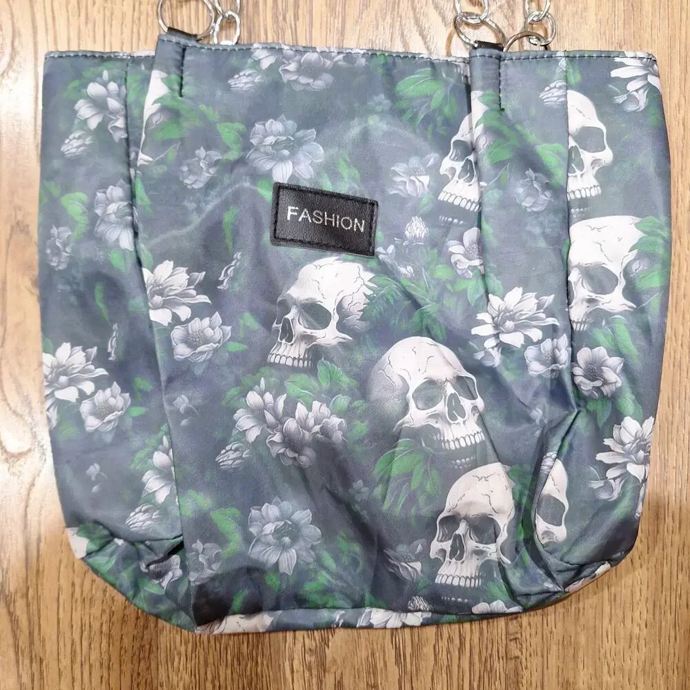 Fashion Purse Black Tote Bag with White Skulls and Green Floral Design